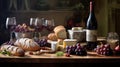 Generative AI, wine still life with grapes, rosemary, prosciutto, blue cheese, figs Royalty Free Stock Photo