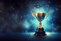 Generative AI, Winner trophy with flames, blue golden champion cup with falling confetti