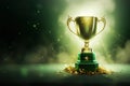 Generative AI, Winner trophy, green golden champion award cup with falling confetti Royalty Free Stock Photo