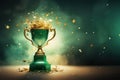 Generative AI, Winner trophy, green golden champion award cup with falling confetti Royalty Free Stock Photo