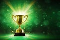 Generative AI, Winner trophy, green golden champion award cup with falling confetti Royalty Free Stock Photo