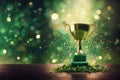Generative AI, Winner trophy, green golden champion award cup with falling confetti Royalty Free Stock Photo