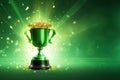 Generative AI, Winner trophy, green golden champion award cup with falling confetti Royalty Free Stock Photo