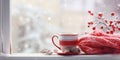 Winter background cup with candy cane woolen scarf and gloves on windowsill 3