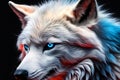 Generative AI Wolf Head Portrait Bisected: Alabaster Fur and Piercing Blue Eyes