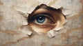 Generative AI, Woman eye looking through a torn hole in vintage paper, blue and beige colors mural.