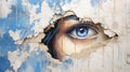 Generative AI, Woman eye looking through a torn hole in vintage paper, blue and beige colors mural.