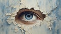 Generative AI, Woman eye looking through a torn hole in vintage paper, blue and beige colors mural.