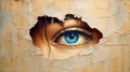 Generative AI, Woman eye looking through a torn hole in vintage paper, blue and beige colors mural.