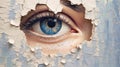 Generative AI, Woman eye looking through a torn hole in vintage paper, blue and beige colors mural.