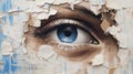 Generative AI, Woman eye looking through a torn hole in vintage paper, blue and beige colors mural.