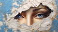 Generative AI, Woman eyes looking through a torn hole in vintage paper, blue and beige colors mural.