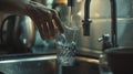 Generative AI Woman filling glass with tap water from faucet in kitchen closeup business concept. Royalty Free Stock Photo