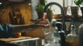 Generative AI Woman filling glass with tap water from faucet in kitchen closeup business concept. Royalty Free Stock Photo