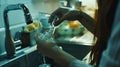 Generative AI Woman filling glass with tap water from faucet in kitchen closeup business concept. Royalty Free Stock Photo