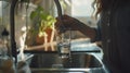 Generative AI Woman filling glass with tap water from faucet in kitchen closeup business concept. Royalty Free Stock Photo