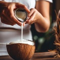Generative ai. Woman hands. Beautician pouring coconut essential oil