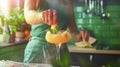 Generative AI Woman preparing melon margarita cocktail with mint in glass on dark green ceramic tile background cl Royalty Free Stock Photo