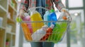 Generative AI Woman pulling a shopping basket full of cleaning products blank copy space business concept. Royalty Free Stock Photo