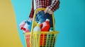 Generative AI Woman pulling a shopping basket full of cleaning products blank copy space business concept. Royalty Free Stock Photo