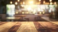 Generative AI wood table on blur of cafe, coffee shop, bar, background - can used for display or montage your prod Royalty Free Stock Photo