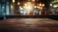 Generative AI wood table on blur of cafe, coffee shop, bar, background - can used for display or montage your prod Royalty Free Stock Photo