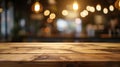 Generative AI wood table on blur of cafe, coffee shop, bar, background - can used for display or montage your prod Royalty Free Stock Photo