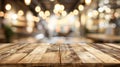 Generative AI wood table on blur of cafe coffee shop bar background  can used for display or montage your products Royalty Free Stock Photo