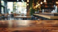 Generative AI wood table on blur of cafe coffee shop bar background  can used for display or montage your products Royalty Free Stock Photo