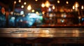 Generative AI Wood table top Bar with blur light bokeh in dark night caferestaurant background Lifestyle and celeb Royalty Free Stock Photo