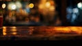 Generative AI Wood table top Bar with blur light bokeh in dark night caferestaurant background Lifestyle and celeb Royalty Free Stock Photo