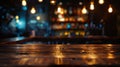 Generative AI Wood table top Bar with blur light bokeh in dark night caferestaurant background Lifestyle and celeb Royalty Free Stock Photo