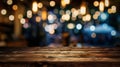 Generative AI Wood table top Bar with blur light bokeh in dark night caferestaurant background Lifestyle and celeb Royalty Free Stock Photo