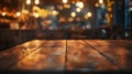 Generative AI Wood table top Bar with blur light bokeh in dark night caferestaurant background Lifestyle and celeb Royalty Free Stock Photo