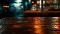 Generative AI Wood table top Bar with blur night cafe background Lifestyle and celebration concepts ideas business Royalty Free Stock Photo