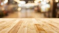 Generative AI Wood table top on blur bokeh coffee shop or cafe restaurant background Can be used for display or mo Royalty Free Stock Photo