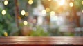 Generative AI Wood table top on blur bokeh coffee shop or cafe restaurant background Can be used for display or mo Royalty Free Stock Photo