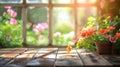 Generative AI Wood table top on blur of window with garden flower background in morningFor montage product display Royalty Free Stock Photo