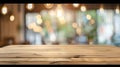 Generative AI Wood table top on blurred of counter cafe shop with light bulb backgroundfor montage product display Royalty Free Stock Photo