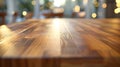 Generative AI Wood table top with reflect on blur of lighting in night caferestaurant backgroundselective focus bu Royalty Free Stock Photo