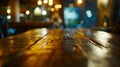 Generative AI Wood table top with reflect on blur of lighting in night caferestaurant backgroundselective focus bu Royalty Free Stock Photo