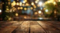 Generative AI Wood table top with reflect on blur of lighting in night caferestaurant backgroundselective focus bu Royalty Free Stock Photo