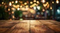 Generative AI Wood table top with reflect on blur of lighting in night caferestaurant backgroundselective focus bu Royalty Free Stock Photo