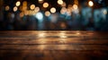 Generative AI Wood table top with reflect on blur of lighting in night caferestaurant backgroundselective focus bu Royalty Free Stock Photo