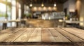 Generative AI Wooden board empty Table Top And Blur Interior over blur in coffee shop Background Mock up for displ