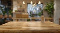 Generative AI Wooden board empty Table Top And Blur Interior over blur in coffee shop Background Mock up for displ