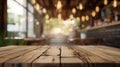 Generative AI Wooden board empty Table Top And Blur Interior over blur in coffee shop Background Mock up for displ