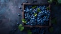 Generative AI Wooden box with grapes Fresh grape with leaves in a wooden box Big clusters of ripe blue grapes in a Royalty Free Stock Photo