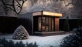 Generative AI of a wooden house in winter with snow covered trees Royalty Free Stock Photo