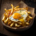 Generative AI wooden plate for fried egg food with French fries